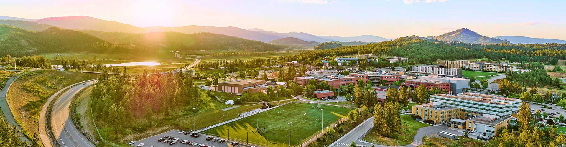 Aerial shot of UBC's Okanagan campus at sunrise.