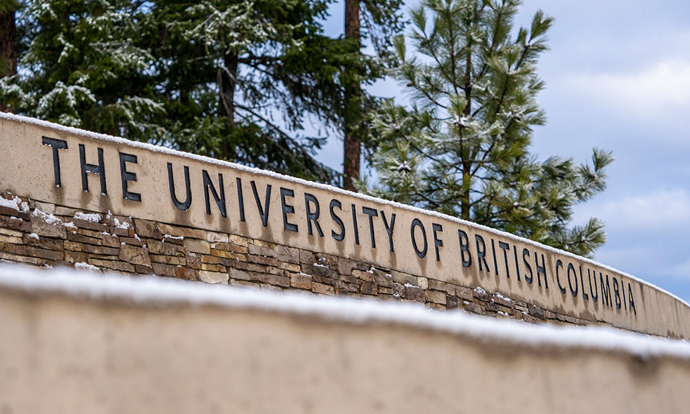 UBC Okanagan campus sign in winter