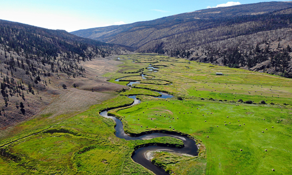 An aerial view of the Bonaparte River (Kluhtows to the Shuswap people) floodplain 